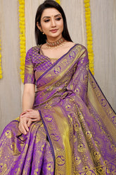 Unveiled Elegance Golden Worked Purple Heavy Banarasi Saree